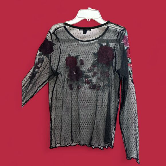 American Eagle Women's Fairy Grunge Black Polka Dot Sheer Mesh Embroidered Top - Picture 5 of 8